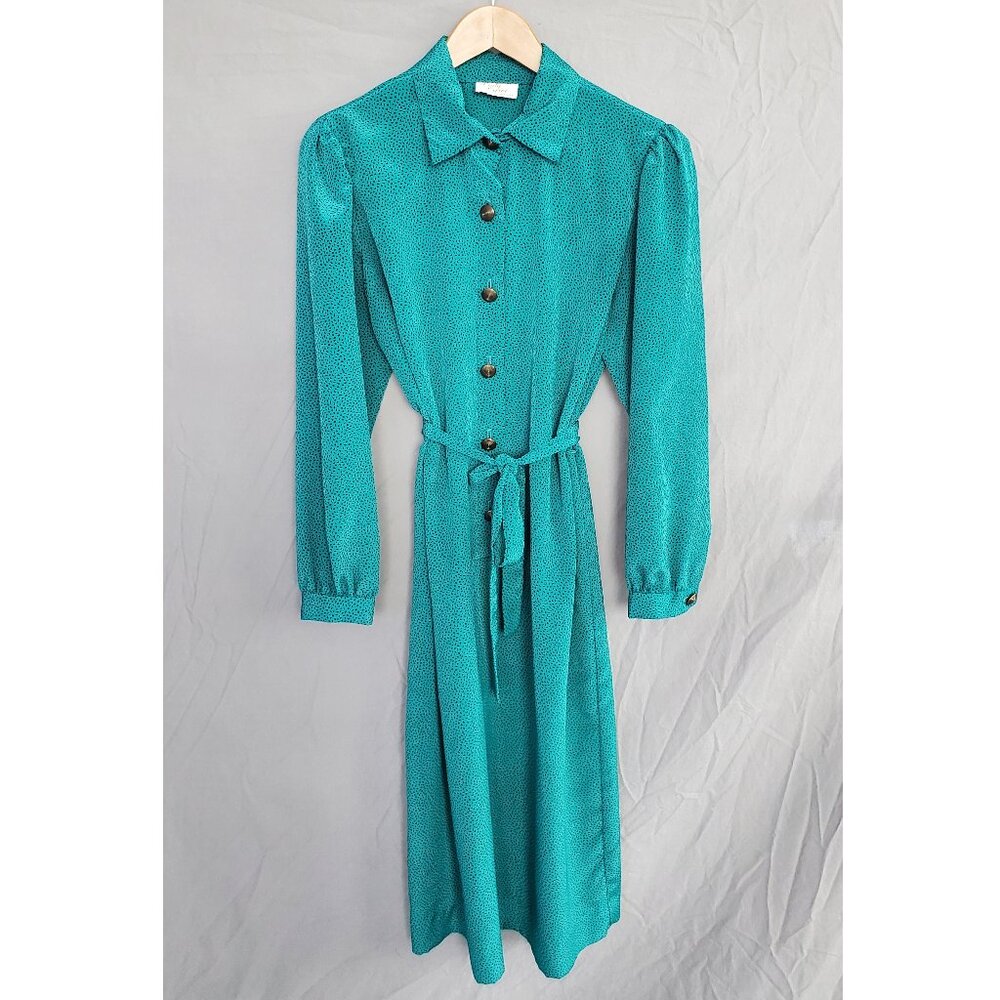 Vintage 1980s Teal Polka Dot Shirt Dress